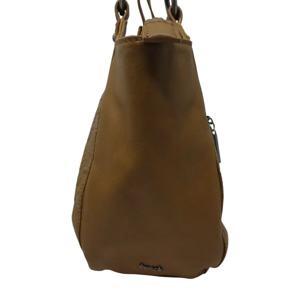 The Sak Bolinas Caramel Brown Floral Embossed Leather‎ Satchel Bucket Bag Purse